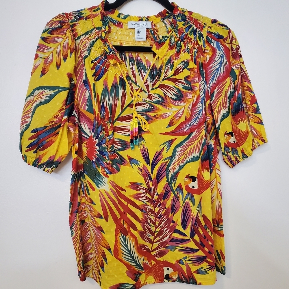 Rachel Zoe  Tropical Bird Floral Print Beaded Tassel Sz. Small